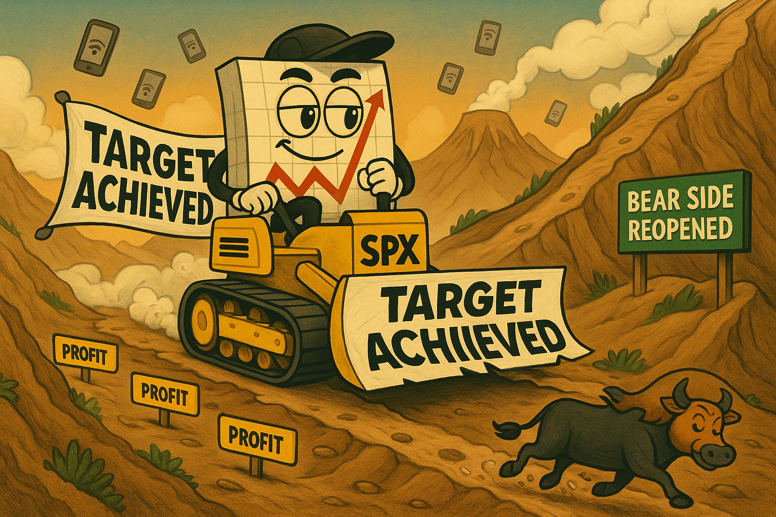 Mr SPX as methodical bulldozer reaching target on endless upward path with bear side reopening and mobile trading elements