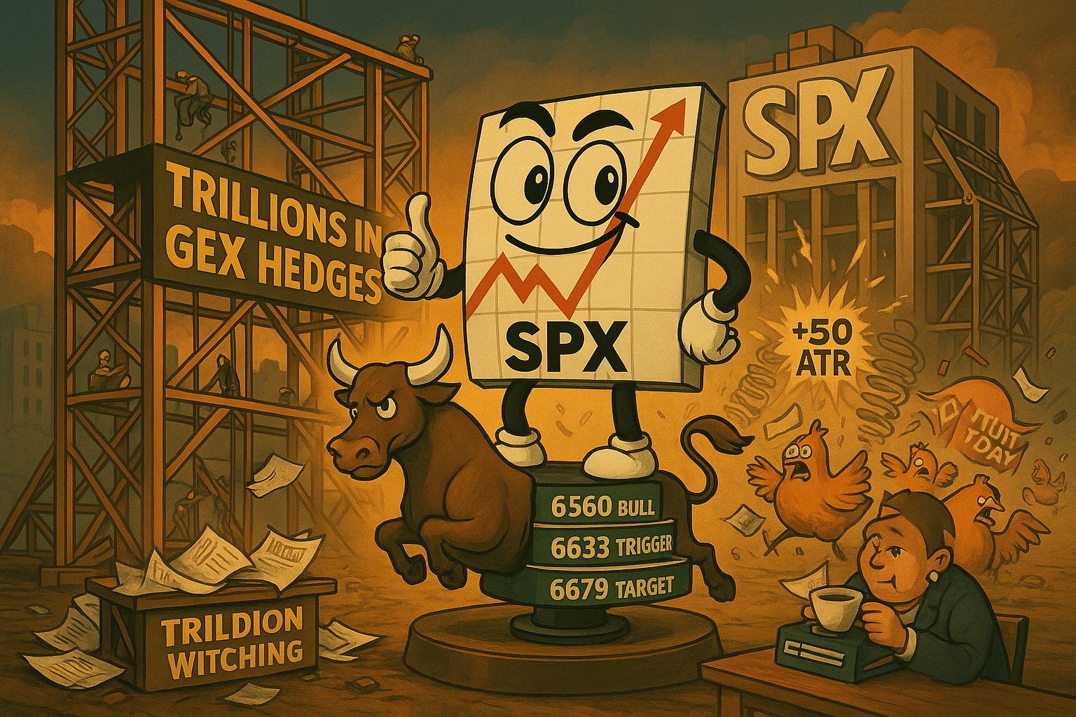 Market support scaffolding being removed while Mr SPX remains steady on mechanical bull platform with systematic levels marked