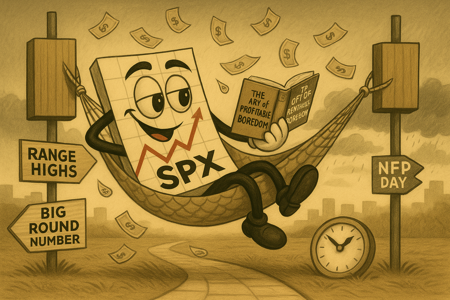 Mr SPX relaxing in hammock during boring market conditions while theta decay profits rain down gently