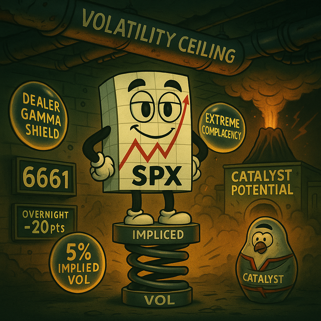 Mr SPX on compressed volatility spring in basement setting with protective gamma shields and explosive catalyst potential building