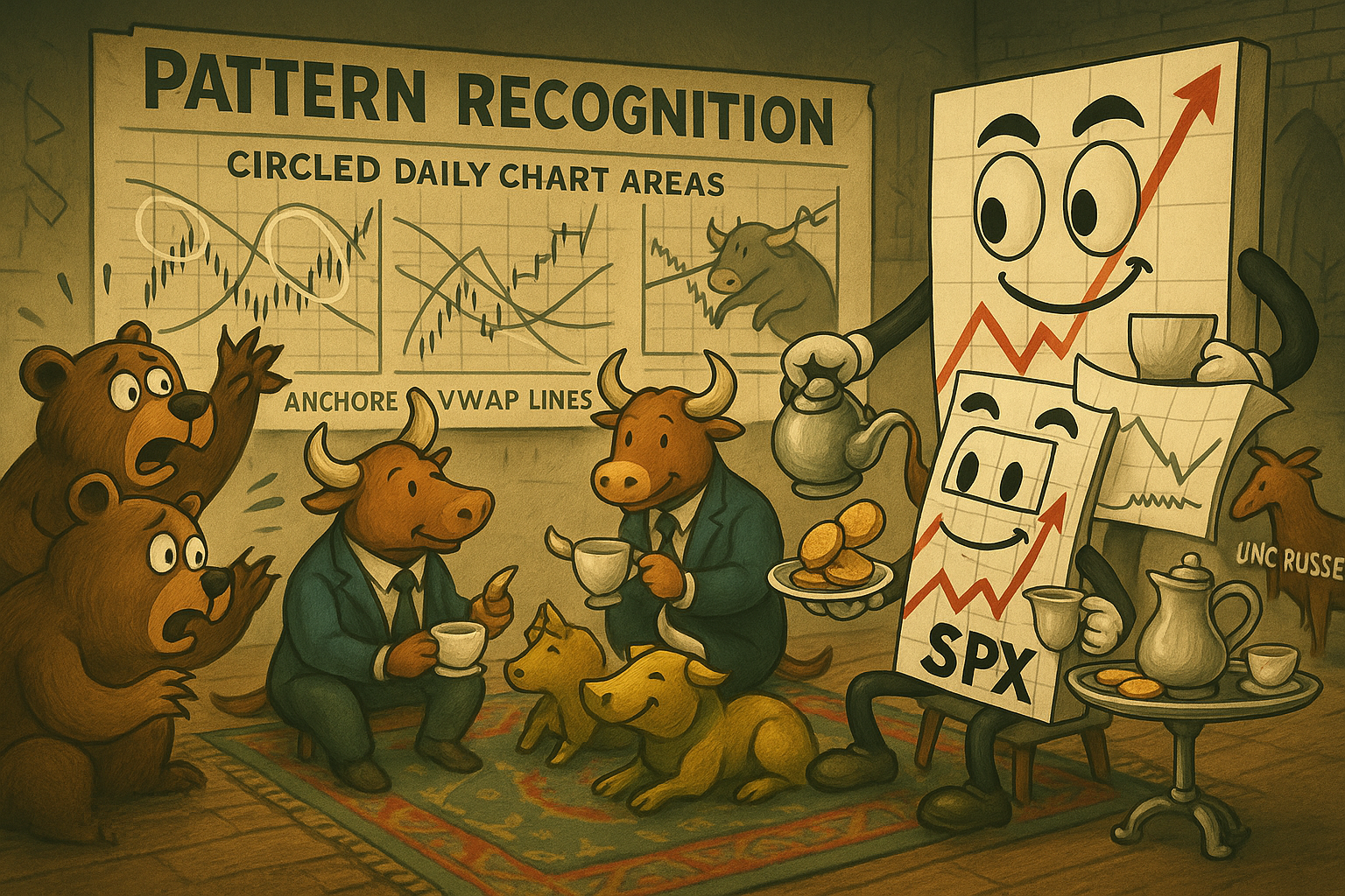 Bears' cancelled party while bulls enjoy civilised tea service on restored market rug with pattern recognition analysis