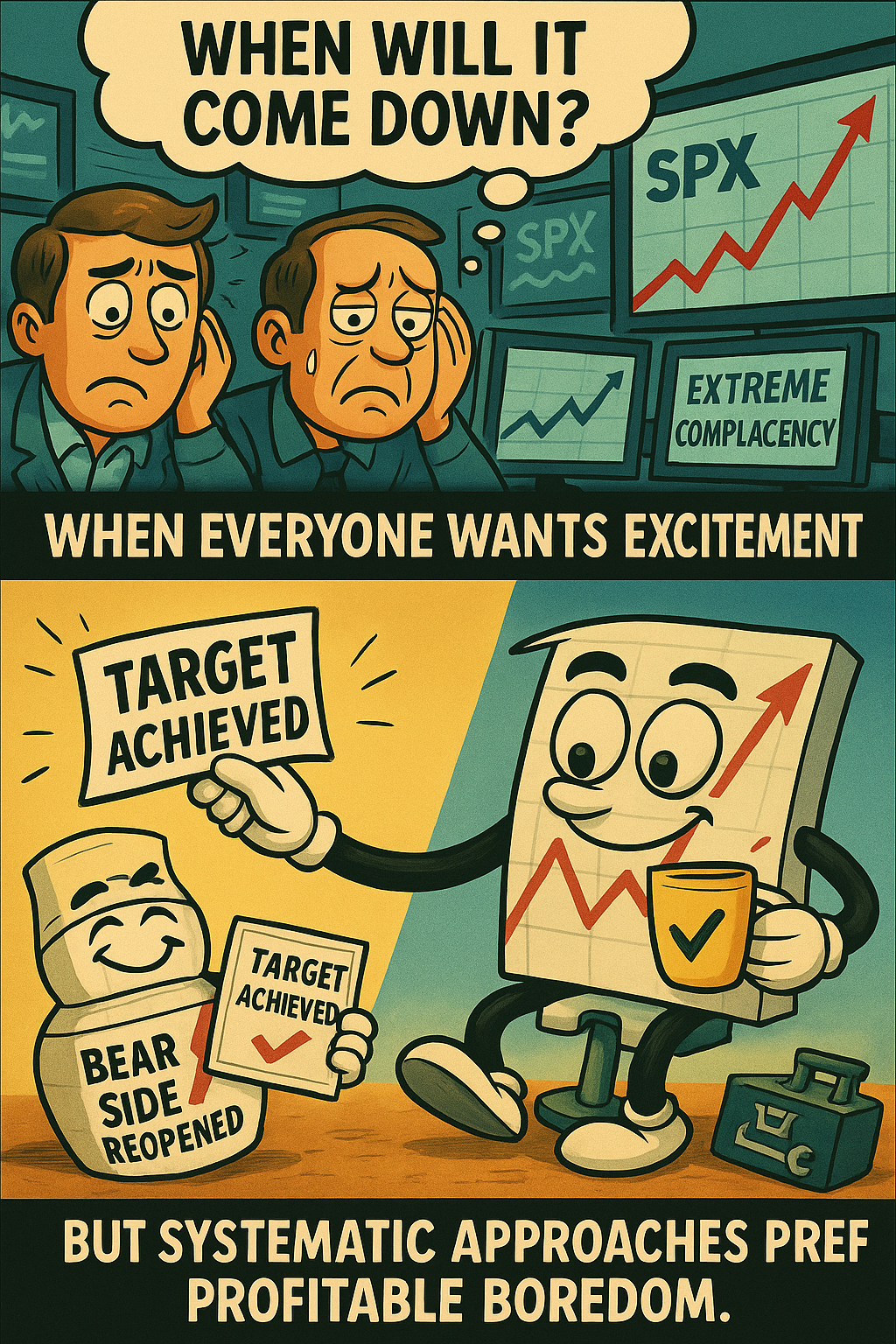 Comic meme contrasting excitement-seeking traders with systematic satisfaction from boring profitable target achievement