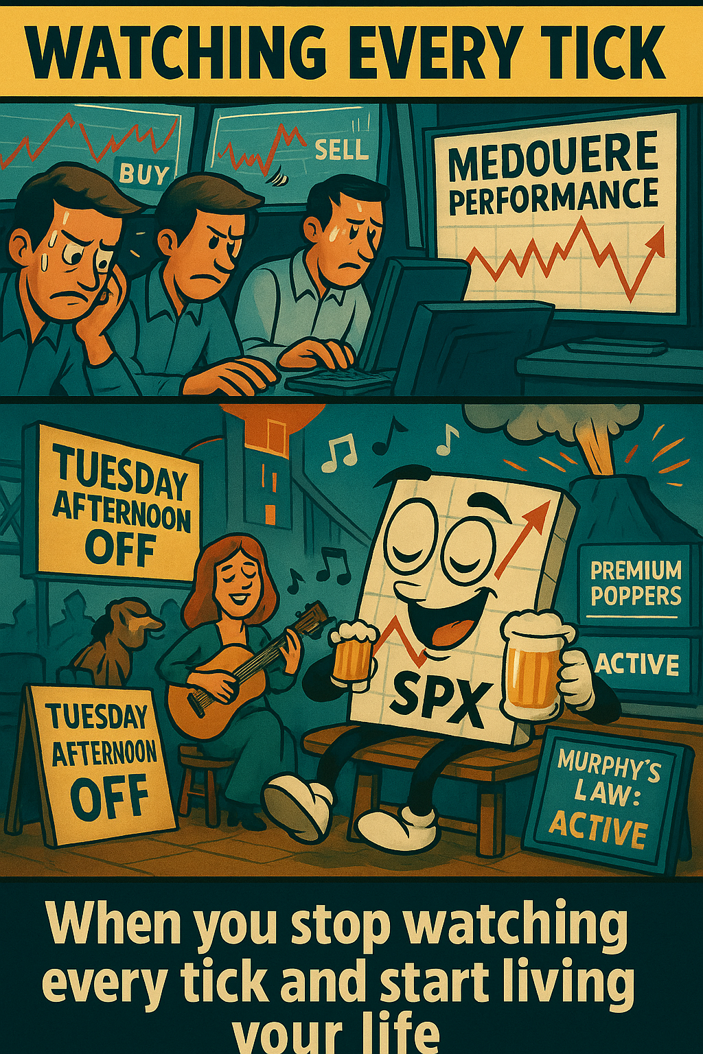 Comic meme contrasting market obsession stress with systematic trading freedom enabling life enjoyment and better performance