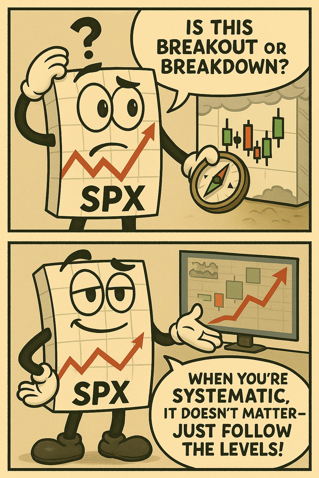 Comic meme about systematic approach to inside day uncertainty versus directional predictions