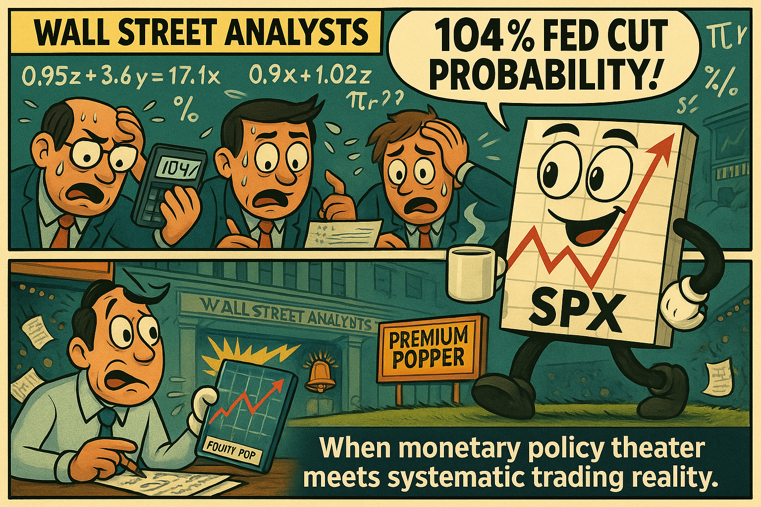 Comic meme contrasting Fed cut analysis complexity with systematic trading simplicity