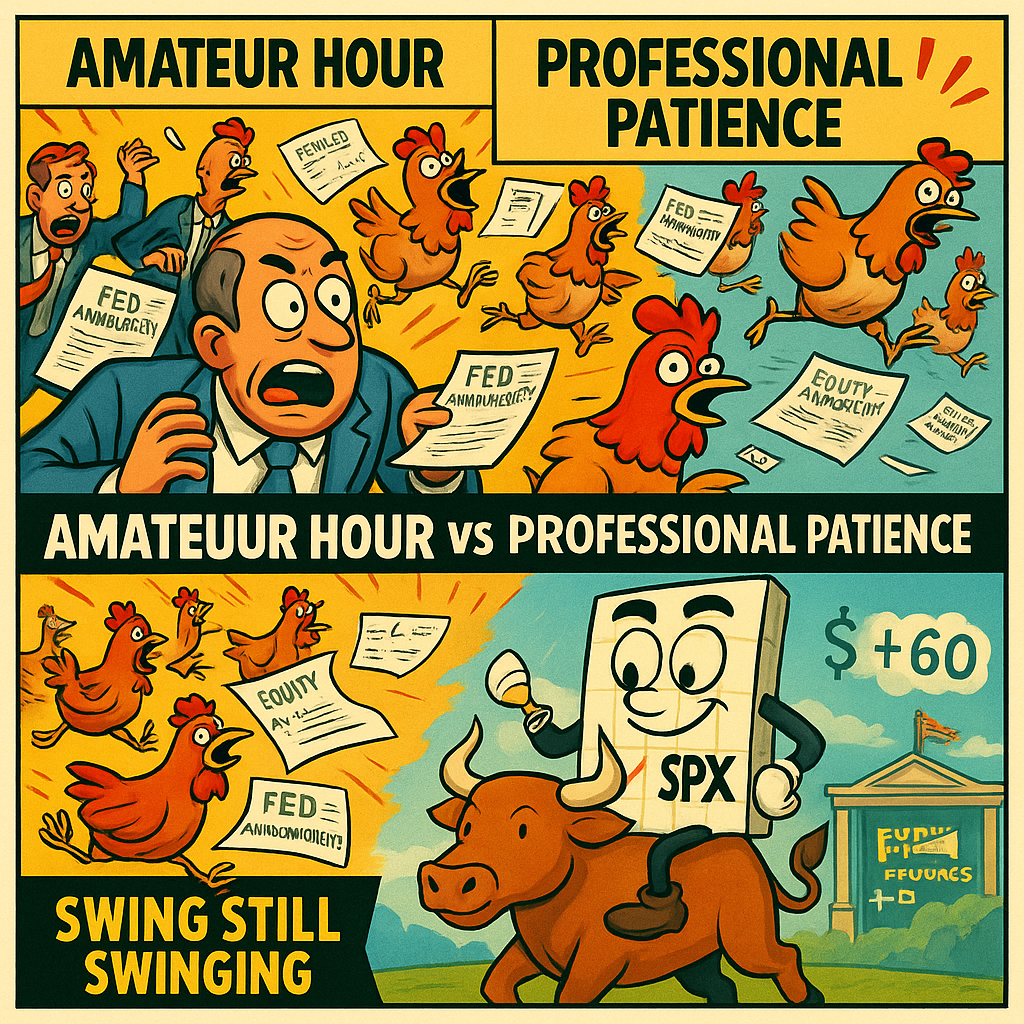 Comic meme contrasting Fed day panic with systematic bull swing continuation and calm professional approach