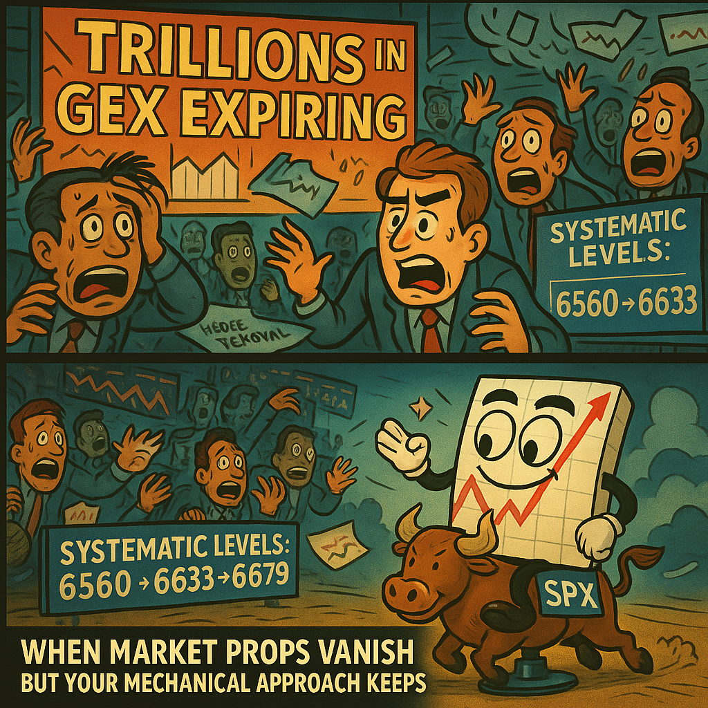 Comic meme contrasting GEX expiration panic with mechanical bull swing continuation and systematic level management