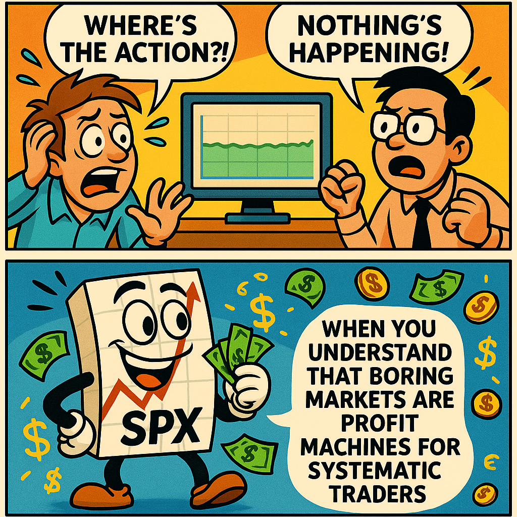 Comic meme contrasting frantic action-seeking with calm systematic theta harvesting during boring markets