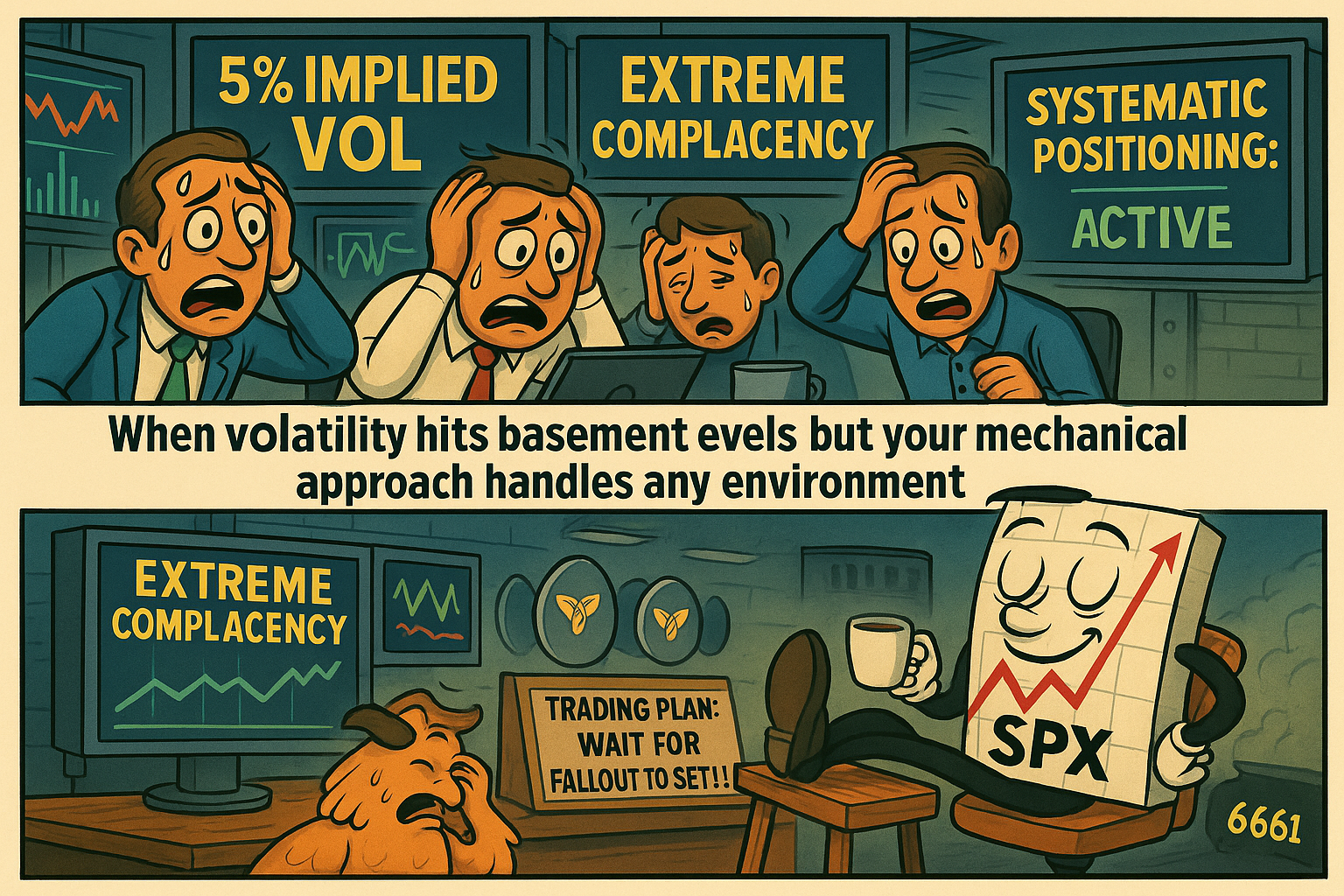 Comic meme contrasting extreme volatility complacency concerns with systematic approach confidence and environmental adaptability