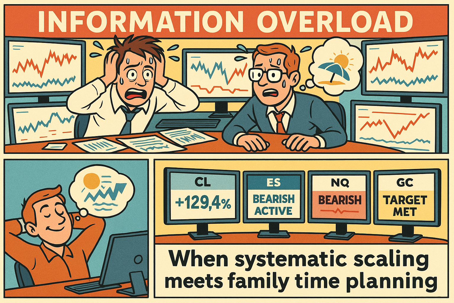Comic meme contrasting multi-market manual complexity with systematic automation enabling family time planning
