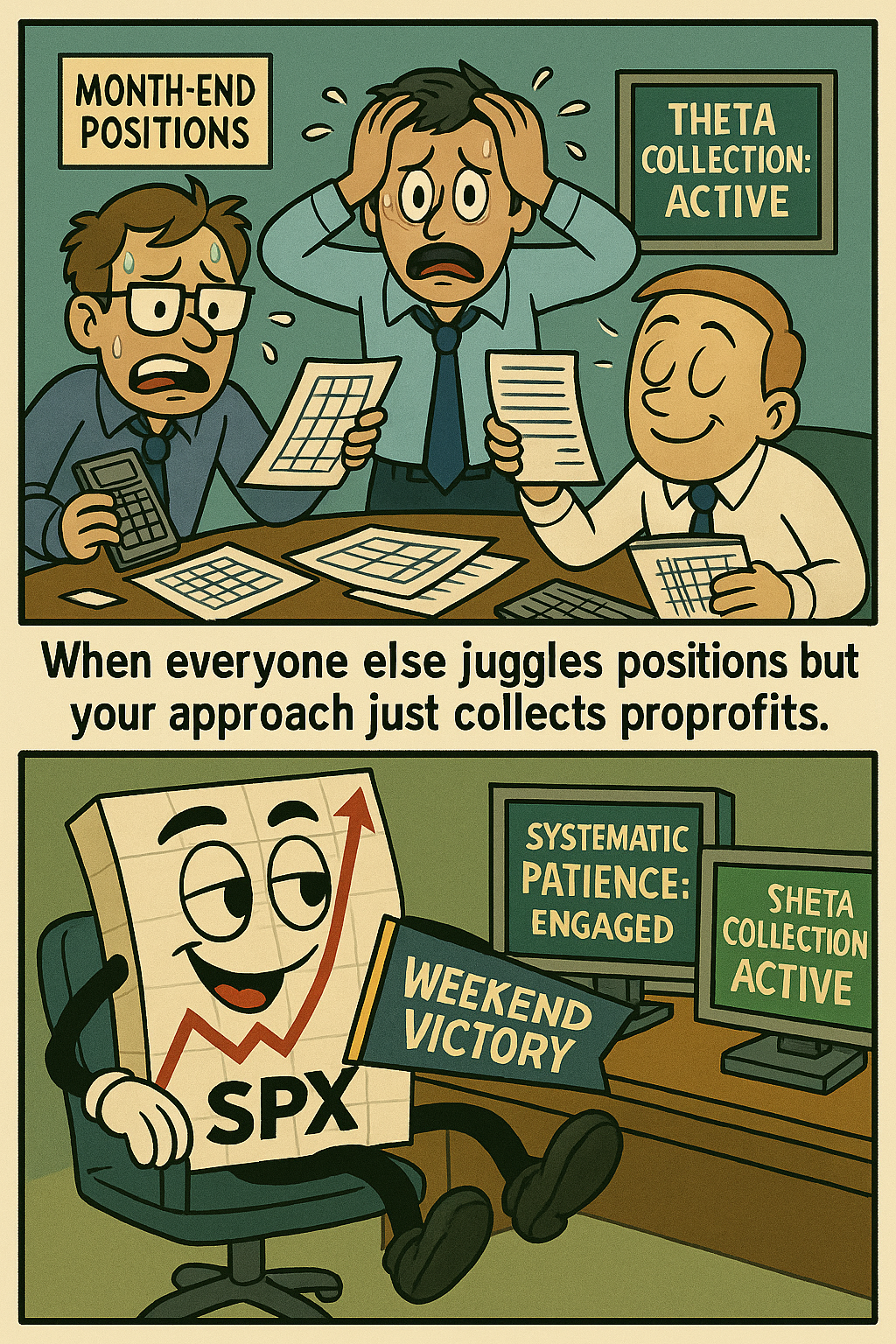Comic meme contrasting month-end bean counting stress with systematic theta collection calm and profitable patience
