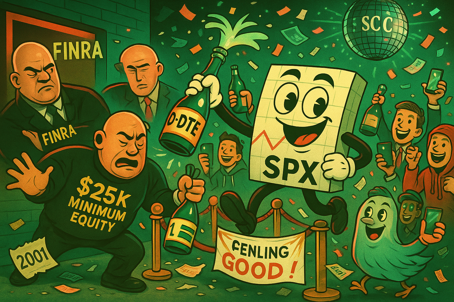 Retail traders rush past a discarded $25k bouncer as FINRA removes the PDT barrier in a nightclub-style scene.