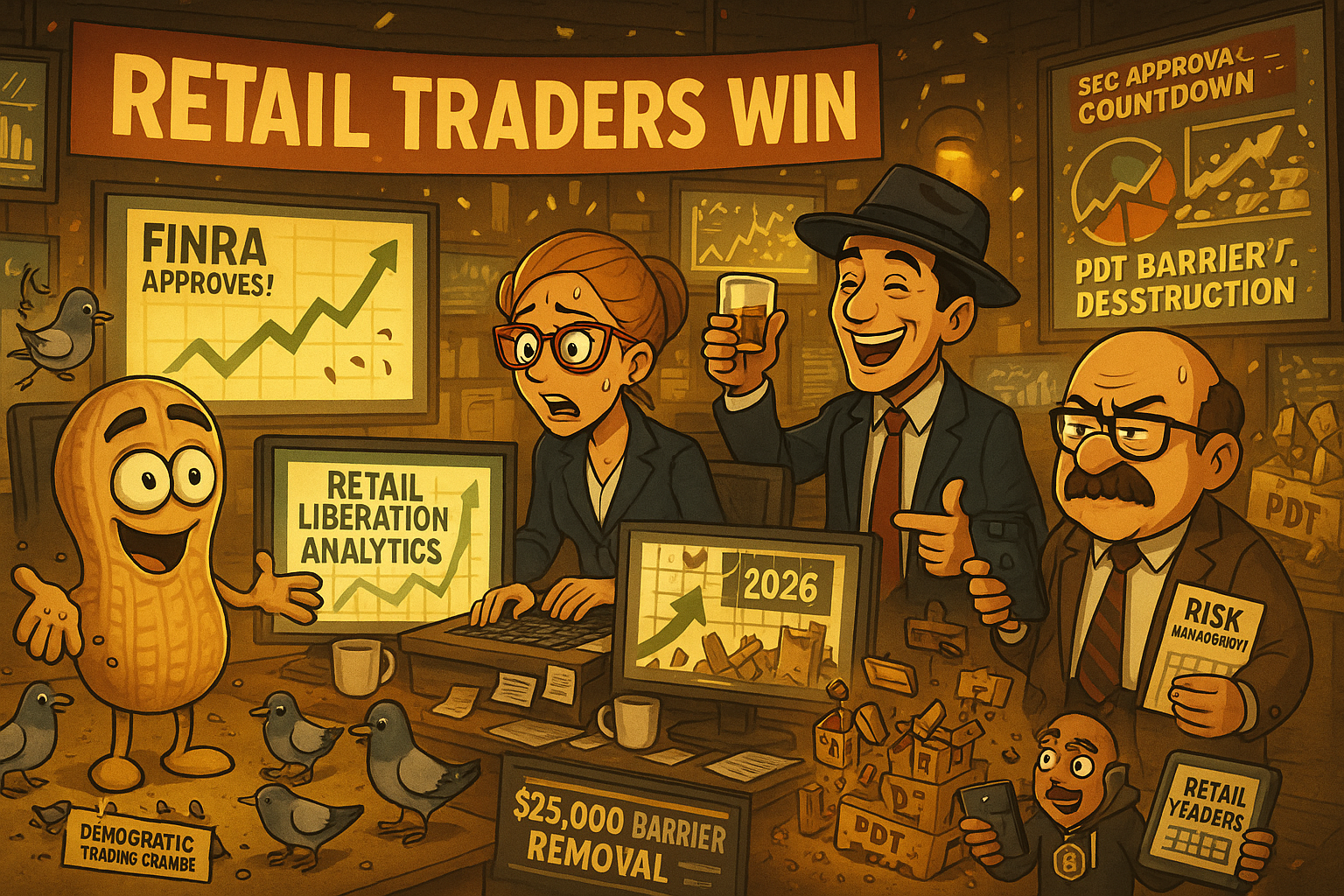 Financial Nuts newsroom celebrating PDT rule elimination with characteristic individual responses to trading democratization