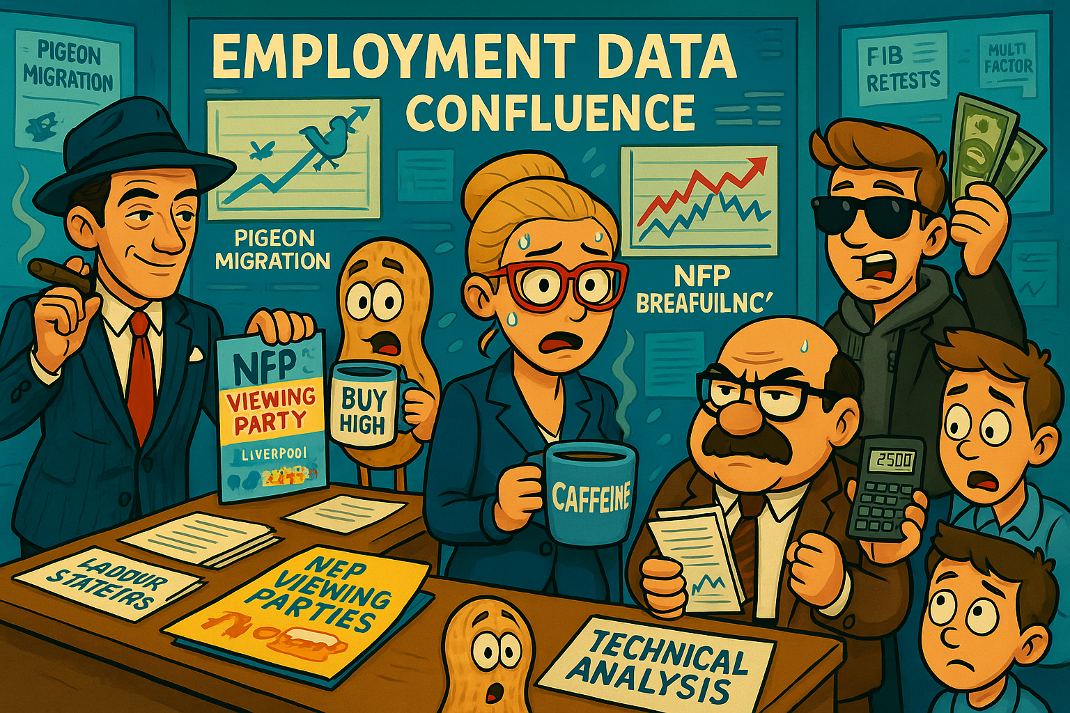 Financial Nuts newsroom preparing NFP technical confluence analysis with characteristic individual approaches
