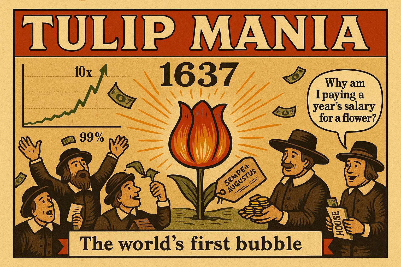 Vintage-style infographic showing Tulip Mania in 1637, where tulip bulbs reached absurd valuations before collapsing 99%.