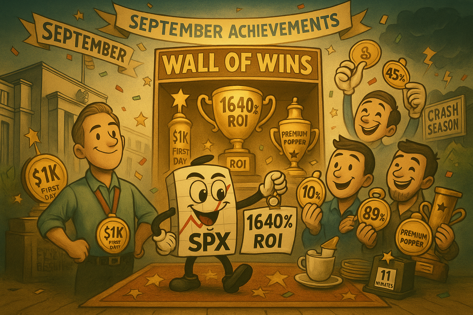 Wall of Wins trophy case celebrating September systematic trading triumphs with community achievements towering over market uncertainty