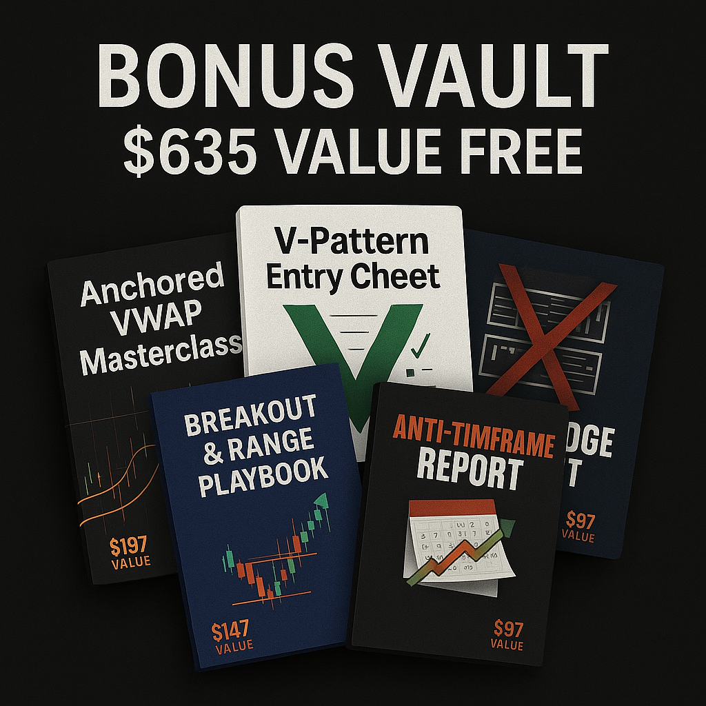 6MMP - Bonus pack 01 Digital bundle of five trading bonus covers stacked together with headline “Bonus Vault – $635 Value Free.”