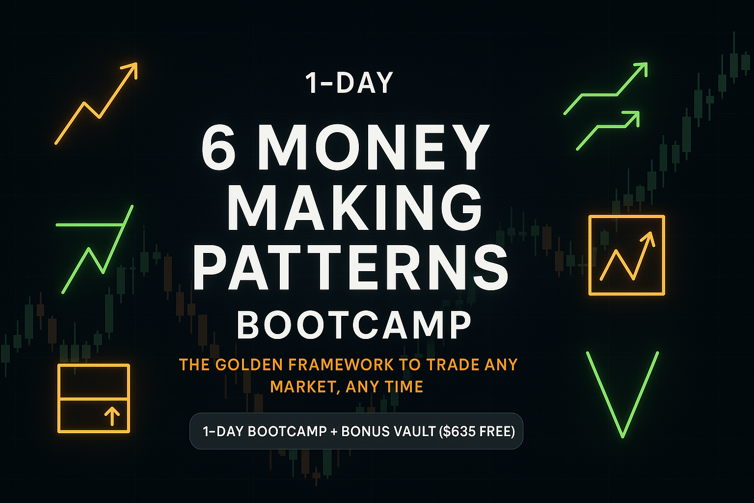 6MMP - Bootcamp Hero promo image for 1-Day 6MMP Bootcamp with chart background, six trading pattern icons, and bonus vault badge.