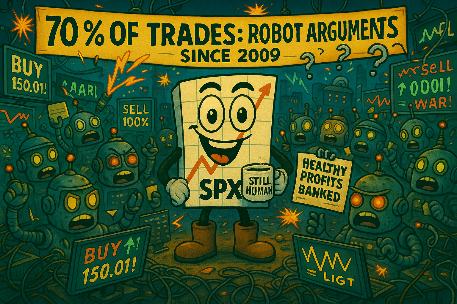 70% of Trades Are Just Robots Arguing About 70% of all stock trades are executed by algorithms, meaning the market is essentially thousands of robots having high-speed arguments about whether Apple is worth $150.00 or $150.01!