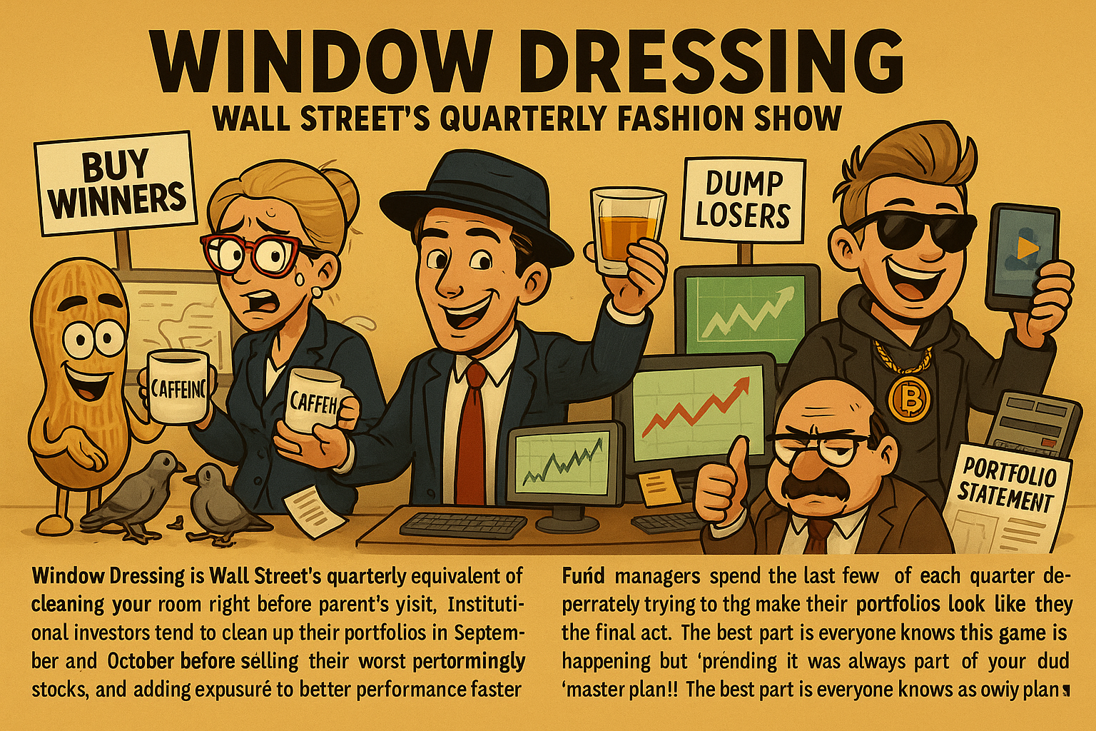 Window Dressing: Wall Street's Quarterly Fashion Show At the end of each quarter, fund managers engage in "window dressing"—selling losers and buying winners to make their portfolios look prettier for investors!