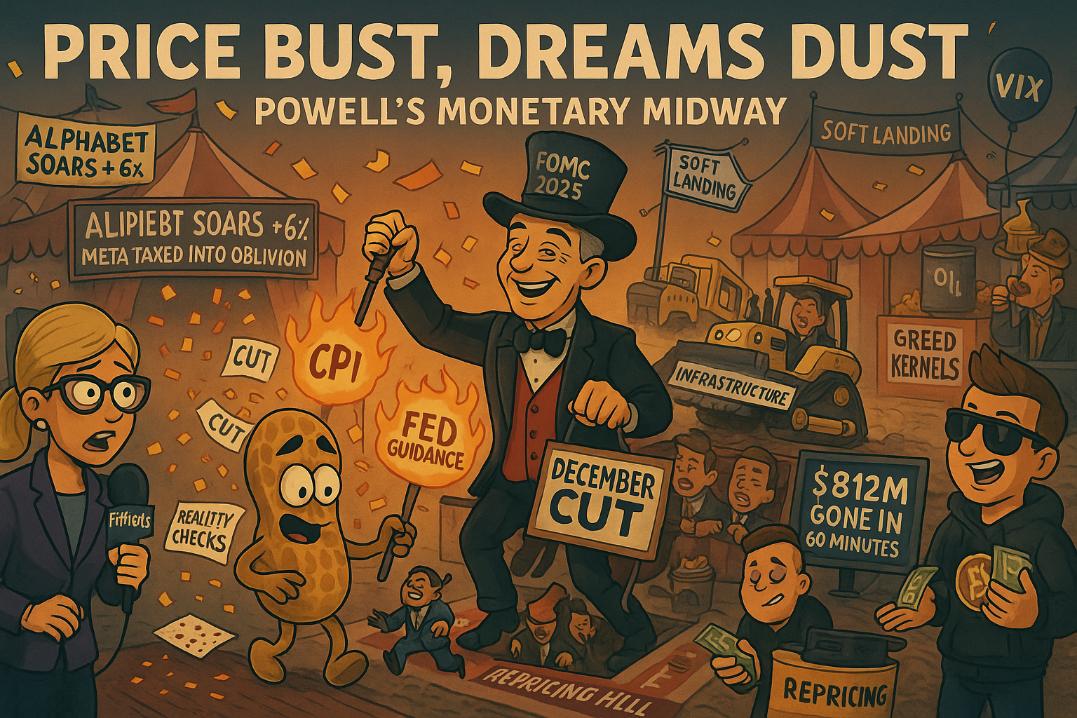 A carnival parody of Fed Day Aftermath — Powell as ringmaster in the center ring pulling the lever on a trapdoor labeled “December Rate Cut,” sending panicked traders tumbling.