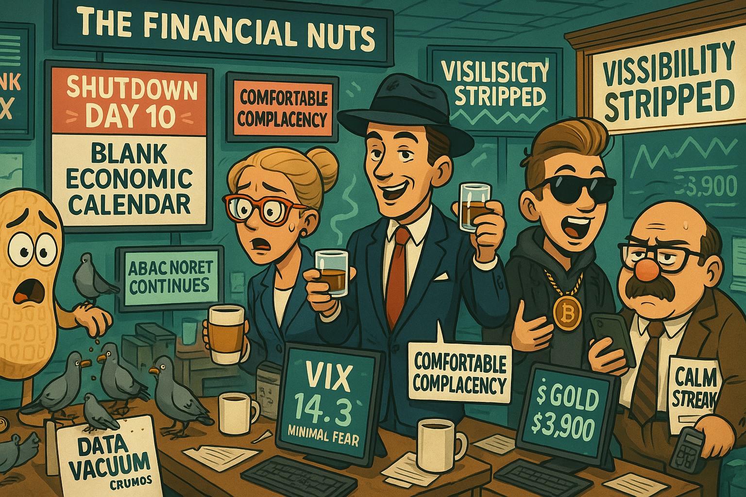 Financial Nuts newsroom managing shutdown Day 10 economic visibility loss with characteristic individual responses to data vacuum complacency