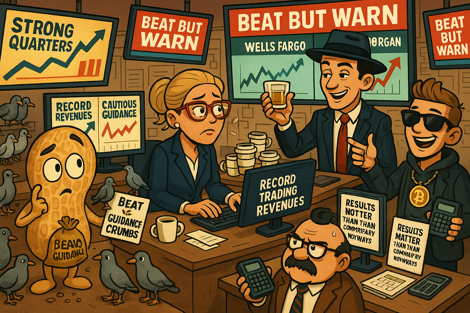 Financial Nuts newsroom analyzing banking earnings divergence with characteristic individual responses to profitable pessimism phenomenon