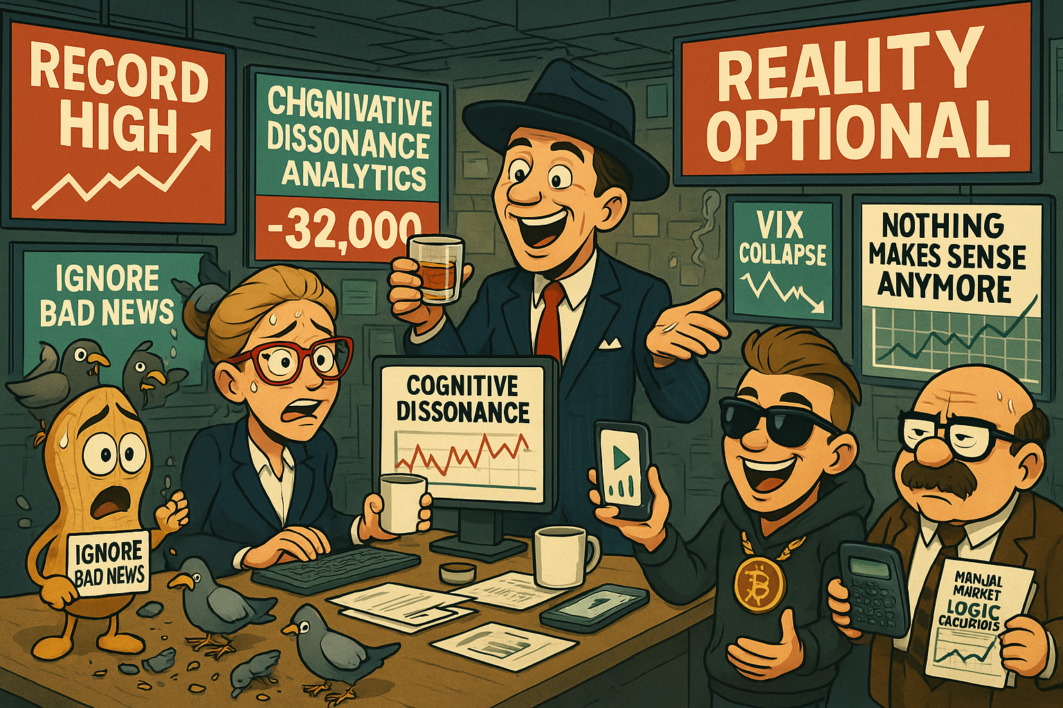 Financial Nuts newsroom celebrating market's complete disconnect from economic reality with characteristic individual responses to cognitive dissonance
