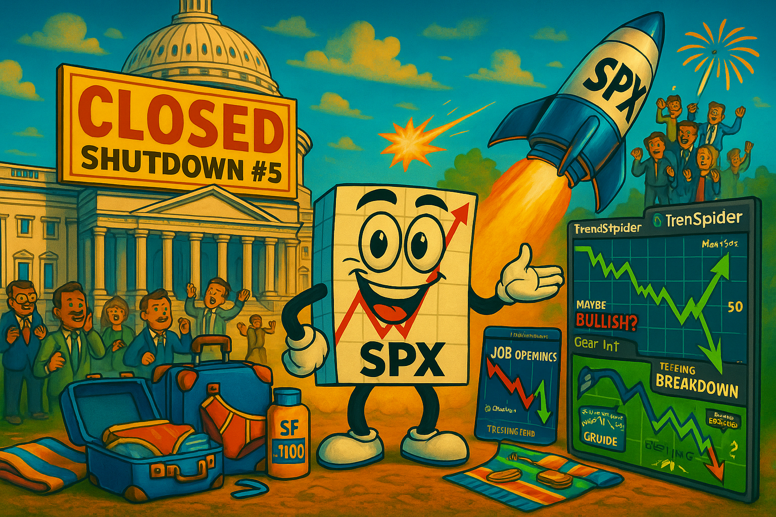 Government shutdown whilst SPX ignores chaos and systematic trader packs for vacation with AI jobs chart showing correlation