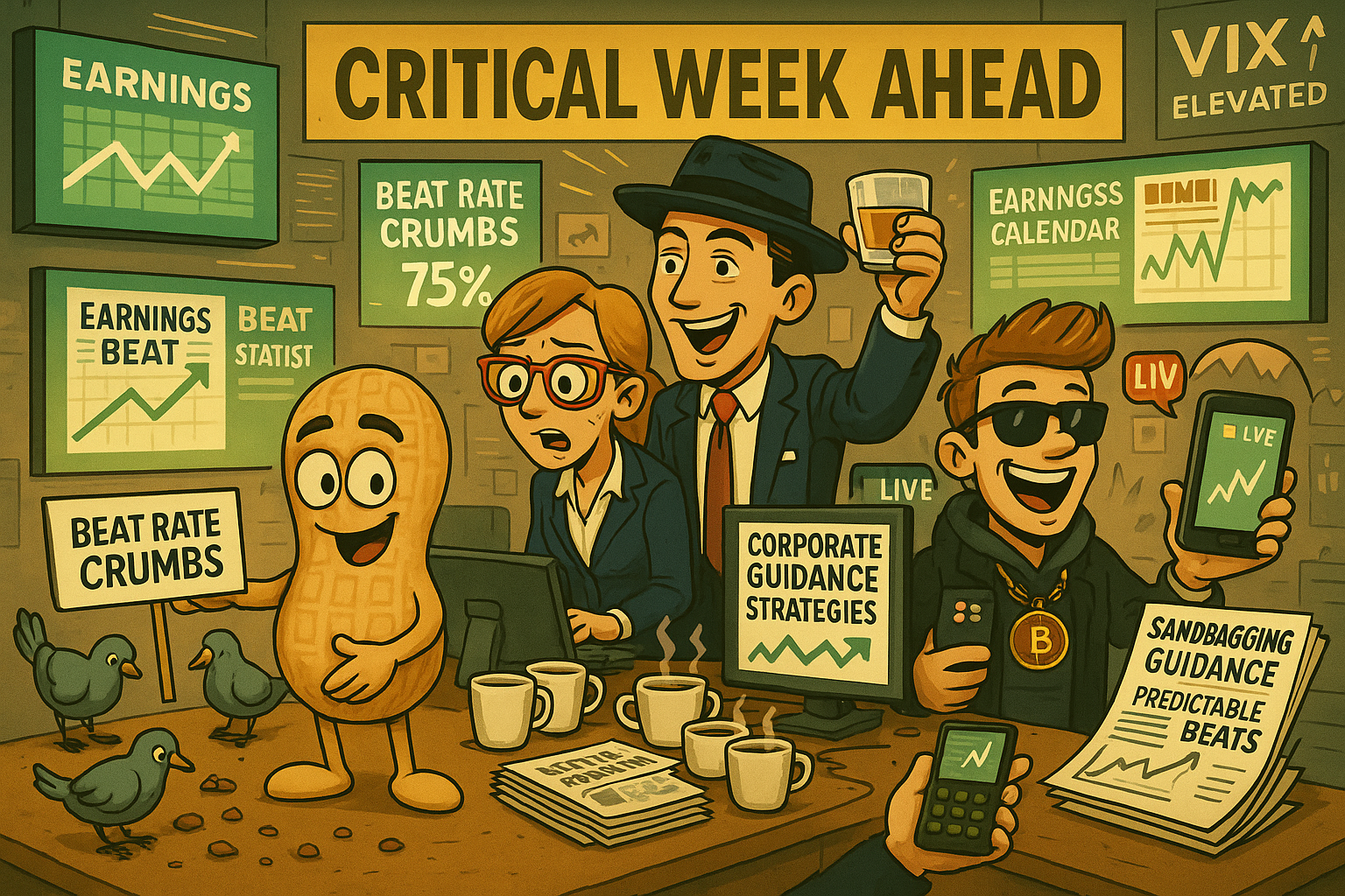 Financial Nuts newsroom preparing for earnings wave with characteristic individual responses to critical reporting week beginning