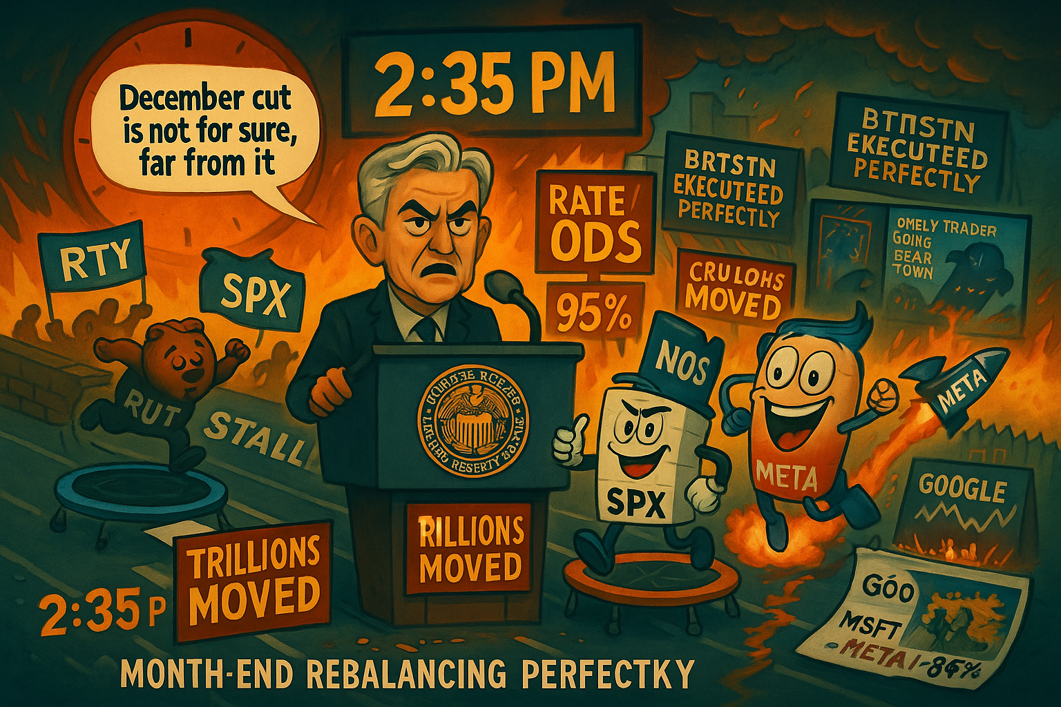 Powell's single 2:35 PM sentence crashes rate-cut odds 95% to 65% moving trillions whilst BTRSTN executes perfectly and Mag 7 earnings create chaos