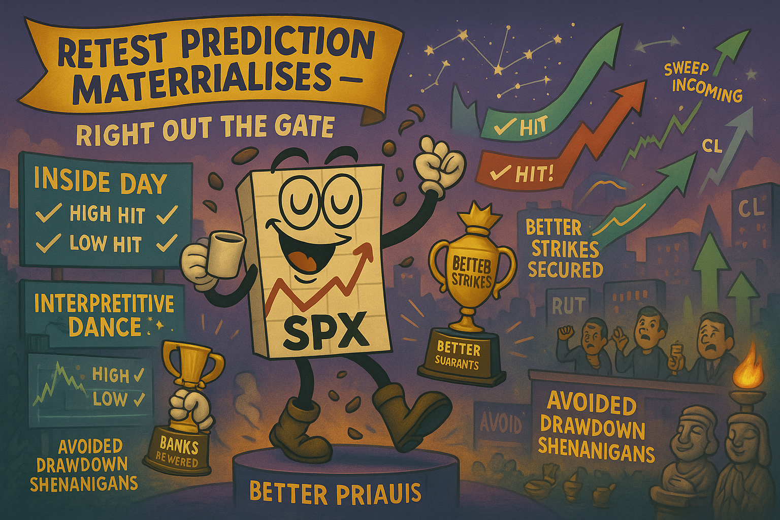 Retest prediction materialises immediately whilst systematic patience secures better strike positioning through ceremonial entry protocol and liquidity sweep conclusion