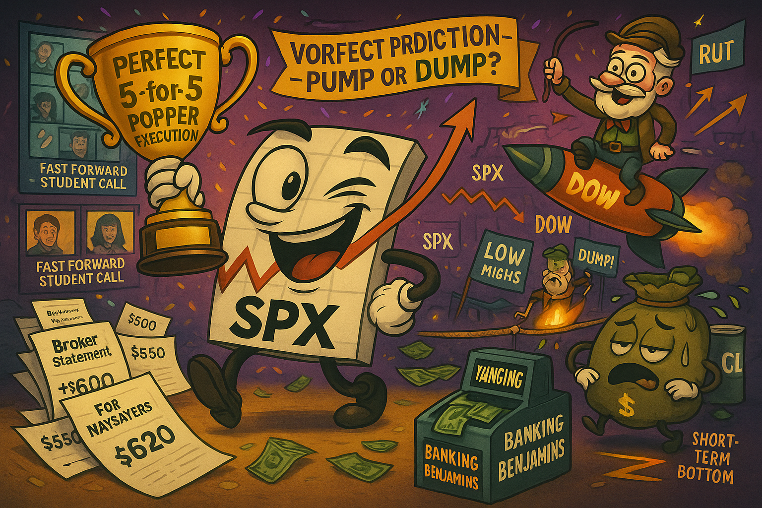 Perfect 5-for-5 Popper execution with broker statements whilst Uncle Rus volatility pattern develops and dollar warning signs flash