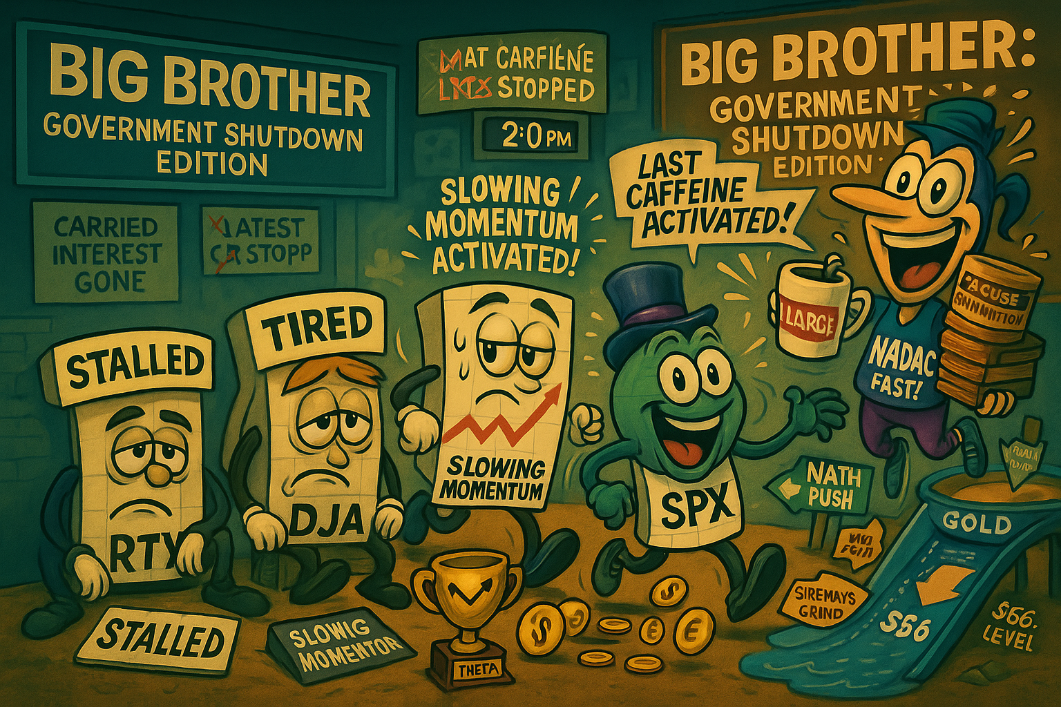 Four indexes diverging with different caffeine schedules whilst Fed Day excuse generation activates during Big Brother Government Shutdown edition