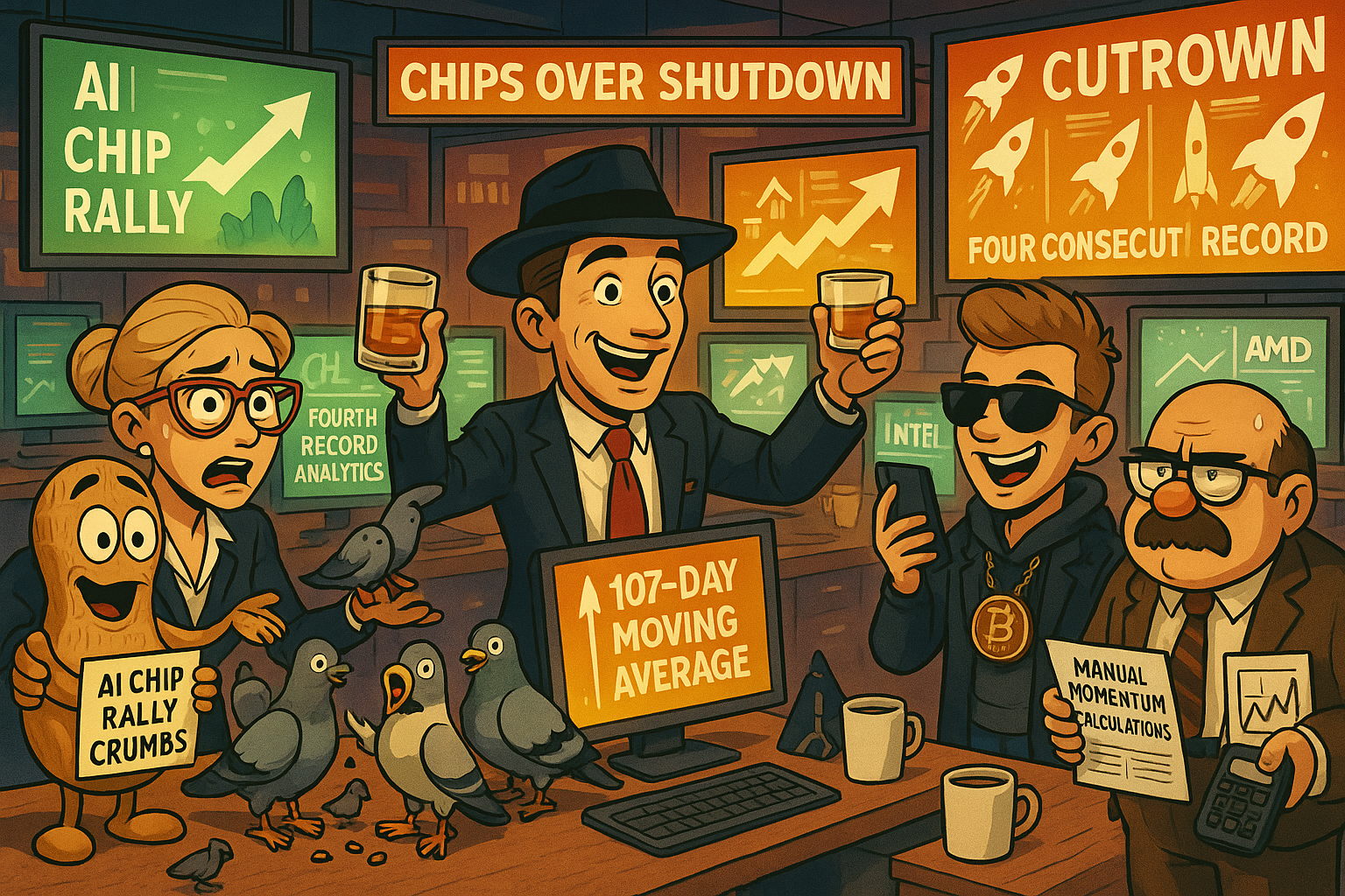 Financial Nuts newsroom celebrating AI chip-driven fourth consecutive record with characteristic individual responses to semiconductor euphoria