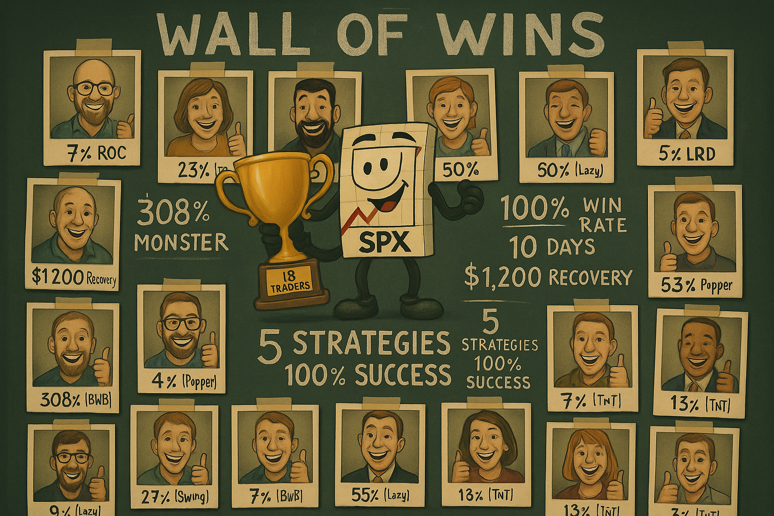 Vintage Wall of Wins displaying 19 trader victories with 308% ROC monster, perfect 10-day streak, and recovery story achievements across five strategies