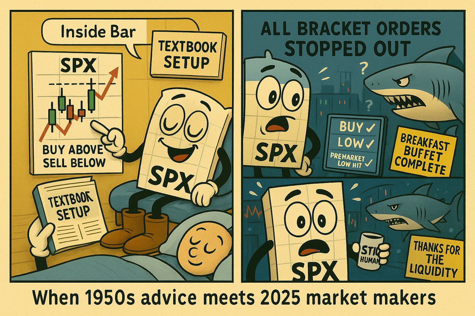 Comic meme contrasting retail bracket trader confidence with systematic liquidity hunting massacre reality
