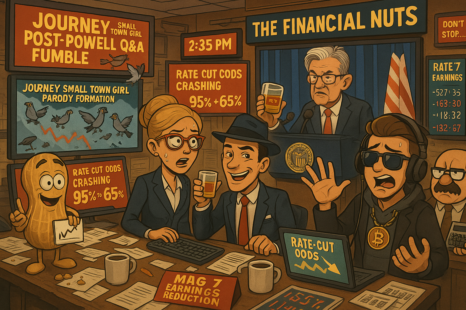 Financial Nuts newsroom managing Powell's 2:35 PM single-sentence fumble with BTRSTN validation protocols and month-end rebalancing monitoring