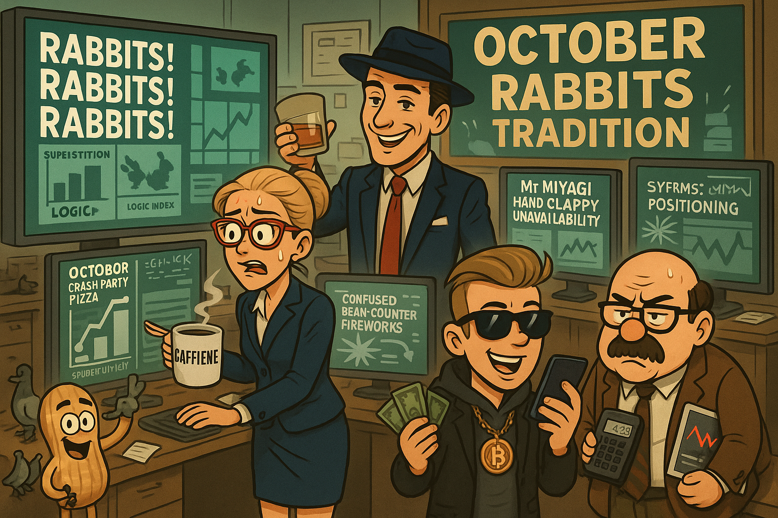 Financial Nuts newsroom managing October Rabbits tradition with crash party pizza protocols and Mr Miyagi unavailability procedures