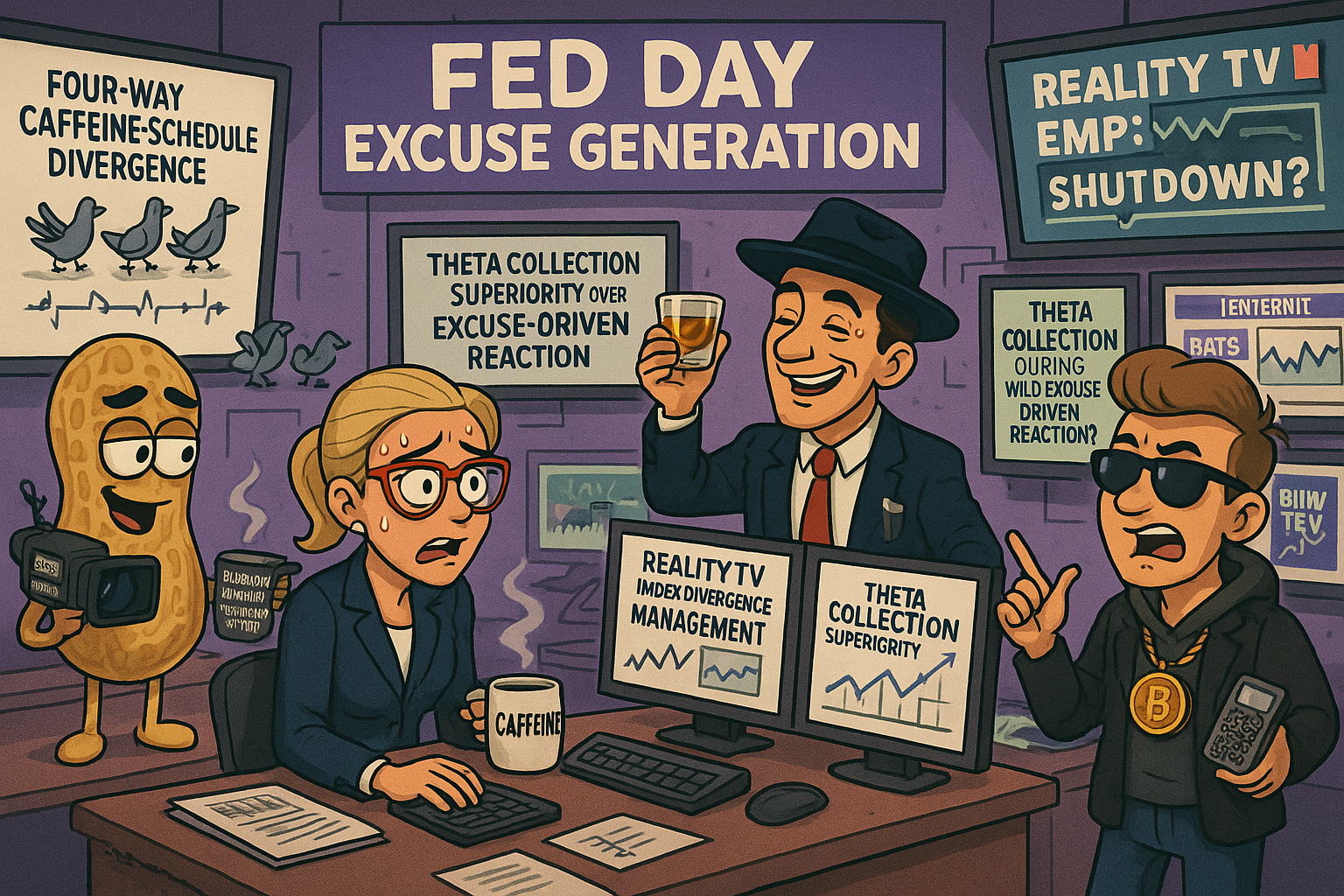 Financial Nuts newsroom managing Fed Day four-way index divergence with theta collection protocols and excuse-generation monitoring during government shutdown episode