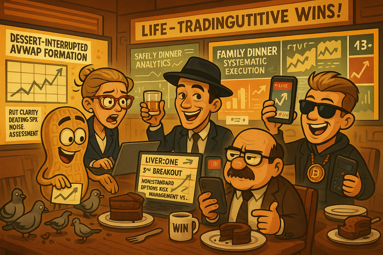 Financial Nuts newsroom celebrating dessert-interrupted eight-for-eight execution with options surviving whipsaws and family dinner systematic integration