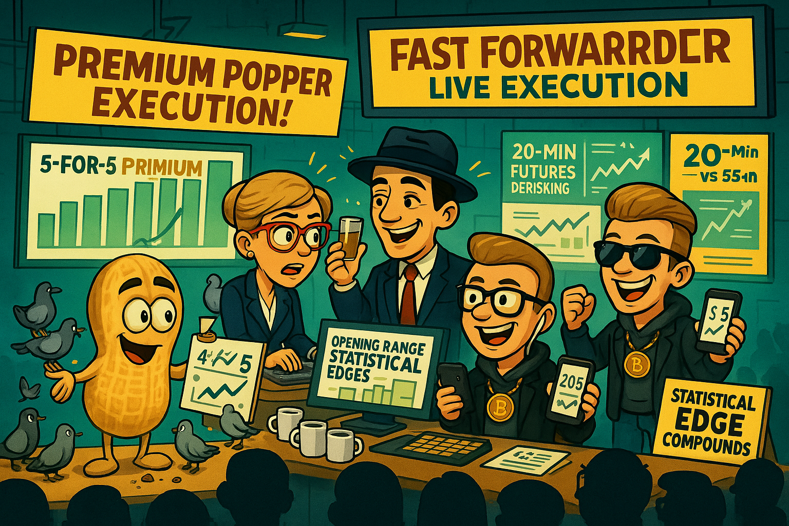 Financial Nuts newsroom celebrating perfect Premium Popper execution with Fast Forward students watching systematic opening range statistical edges deliver