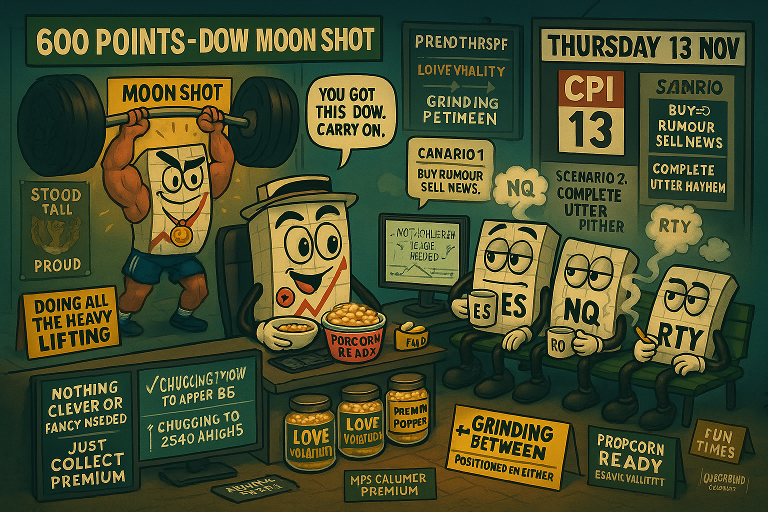 Mr SPX observes Dow moon shot +600 points whilst other indexes take smoke break, collecting premium ahead of CPI event tomorrow with popcorn ready