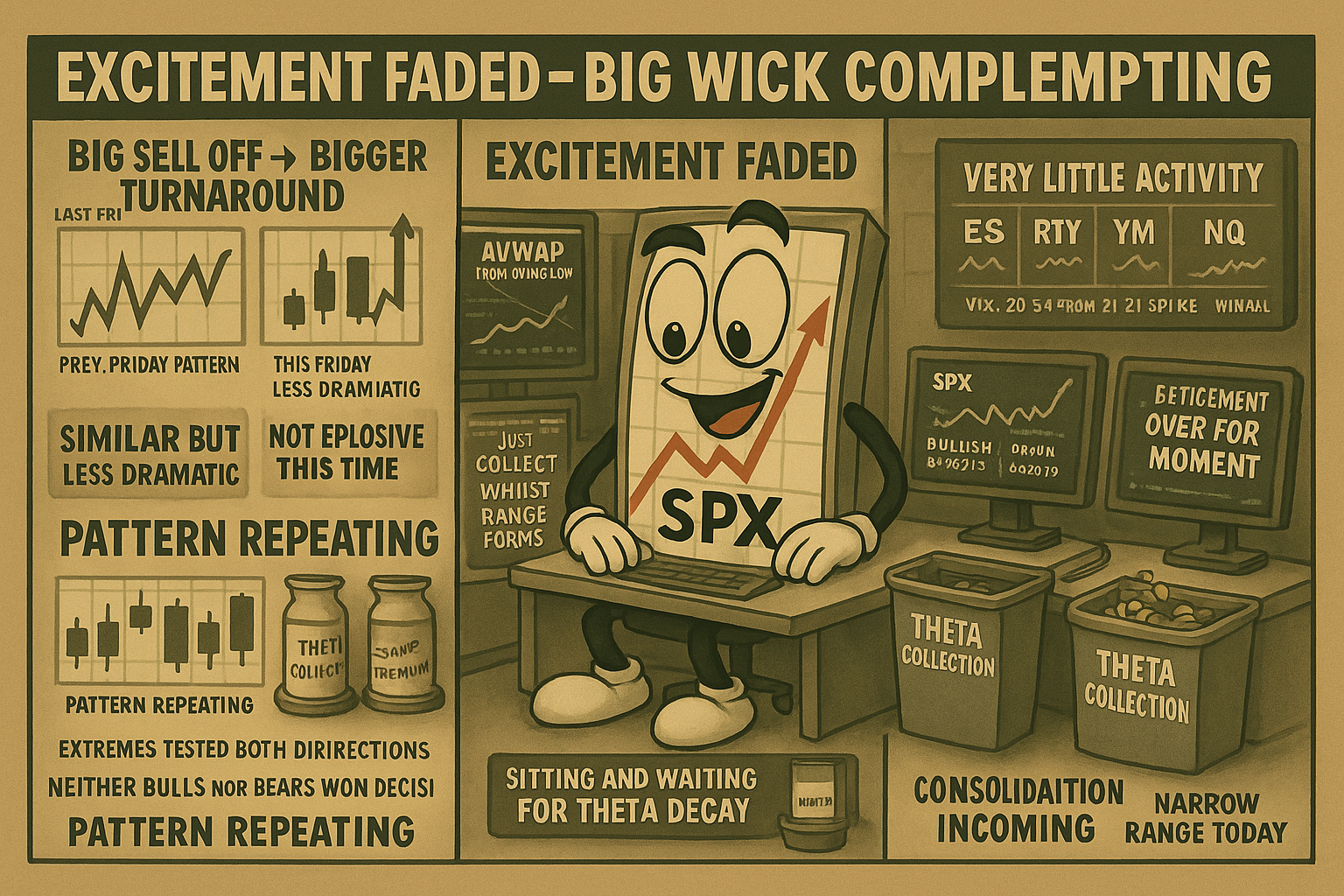 Mr SPX manages AVWAP positions collecting theta during narrow range as Friday turnaround pattern repeats with less dramatic follow-through and faded excitement suggesting consolidation ahead