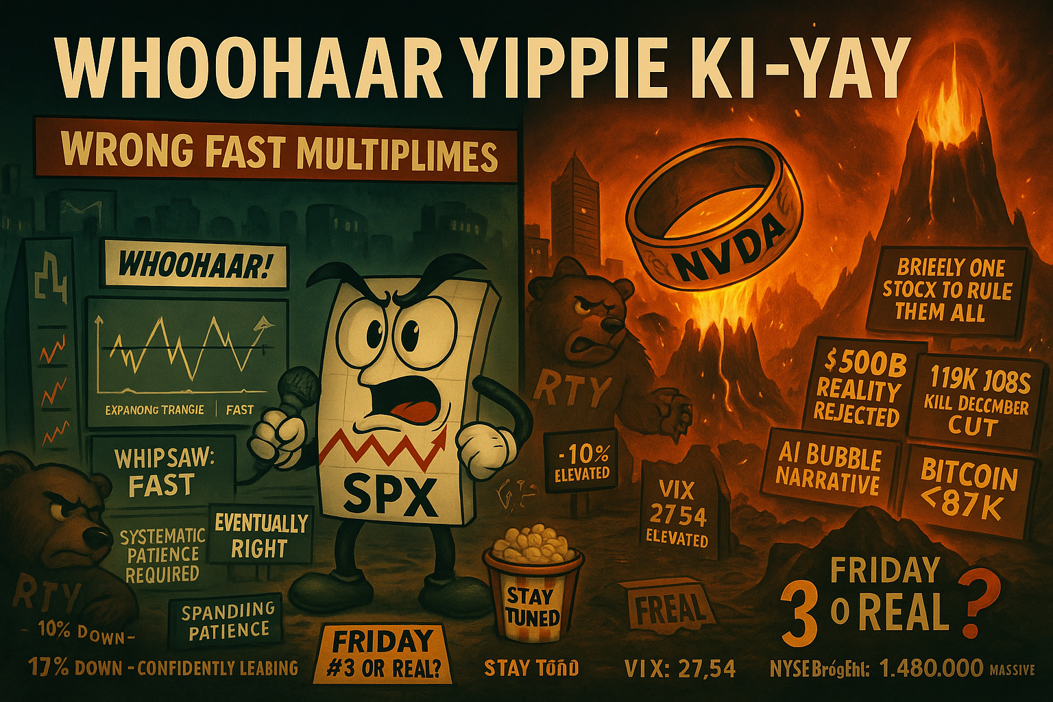 Mr SPX experiences wrong fast multiple times before Pacino whoohaar meets Die Hard Yippie Ki-Yay as NVDA gets cast into Mordor fires whilst RTY leads 10% bear charge and Friday turnaround pattern questioned with popcorn ready