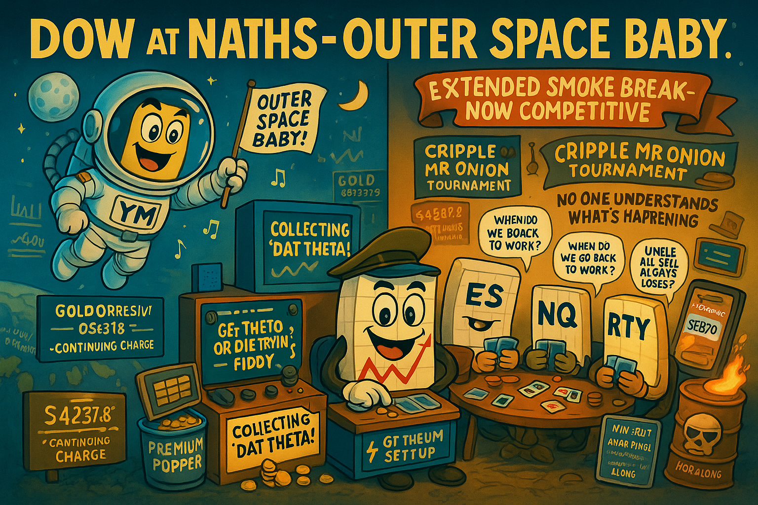 Mr SPX collects Fiddy theta whilst Dow reaches outer space NATHs solo as other indexes play Cripple Mr Onion and gold silences bull trap party with Trump torpedoing oil prices
