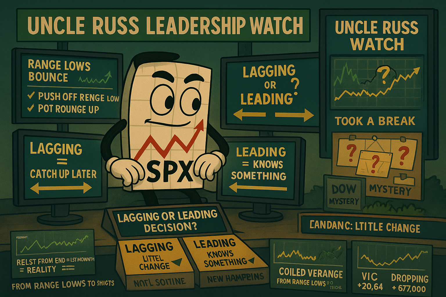 Mr SPX monitors range lows bounce whilst Dow takes mysterious break creating lagging-or-leading question as Uncle Russell rides upper BB after leading bear charge with bull rampage leadership watch active