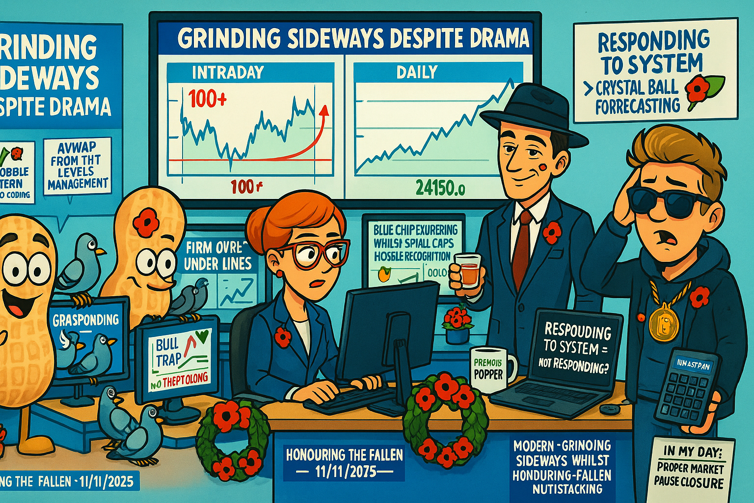 Financial Nuts newsroom wearing Remembrance Day poppies monitoring grinding sideways markets with timeframe perspective analysis and AVWAP management protocols