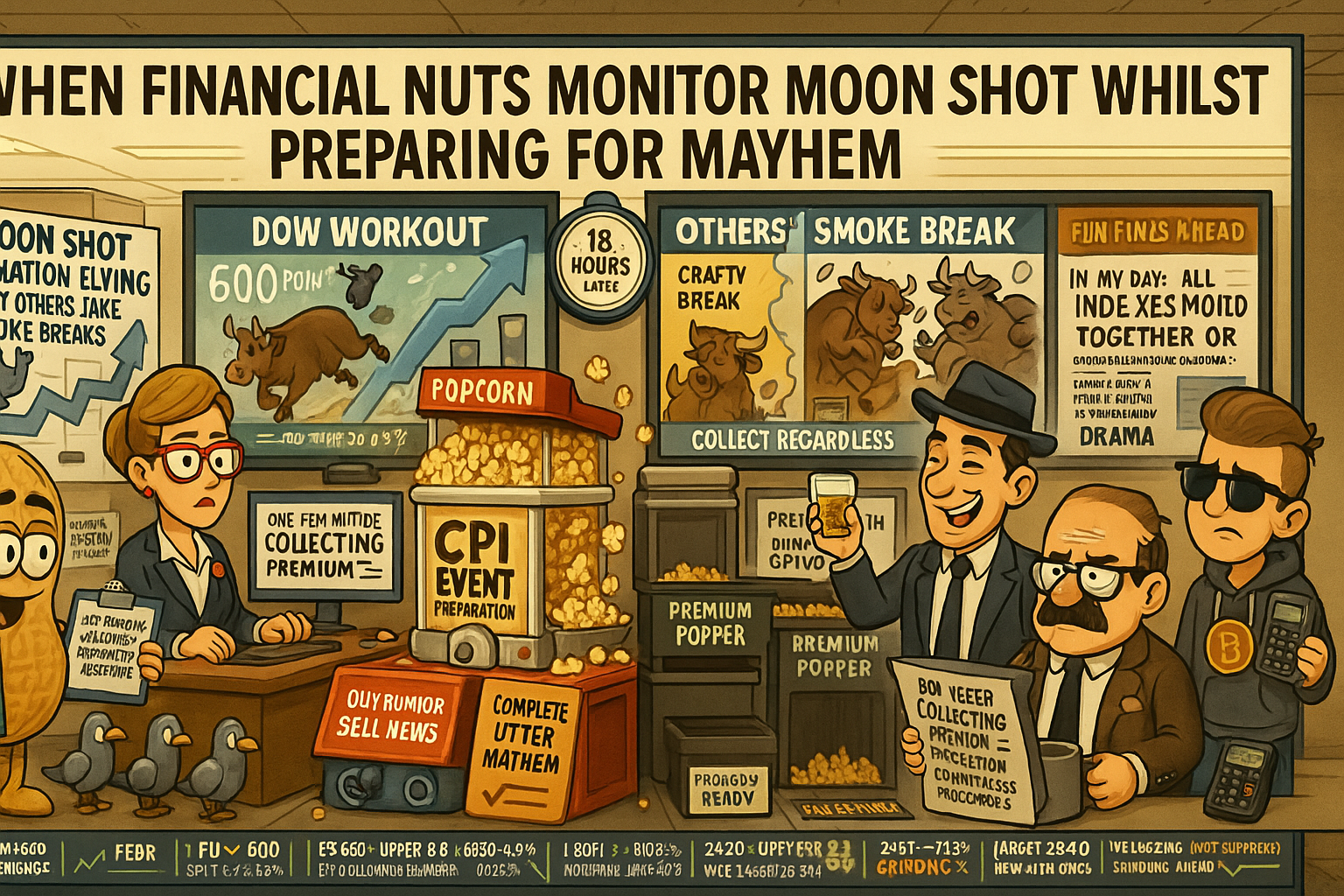 Financial Nuts newsroom monitoring Dow moon shot whilst others smoke break, preparing popcorn for CPI mayhem-or-sell-news event tomorrow with premium collection protocols active
