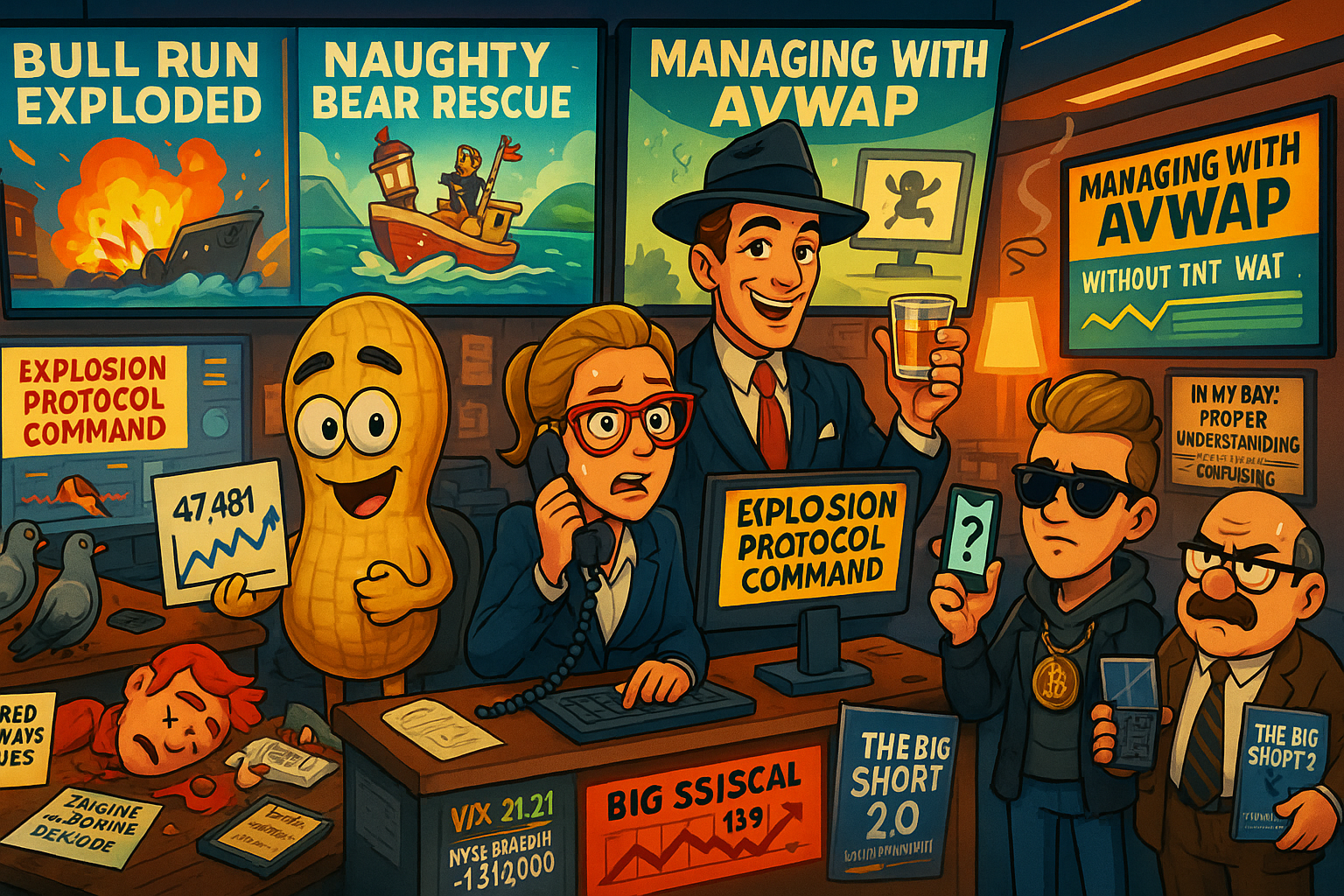 Financial Nuts newsroom monitoring Bull Run engine explosion forcing Naughty Bear rescue whilst Uncle Russ leads charge and Burry capitulates with AVWAP management protocols active
